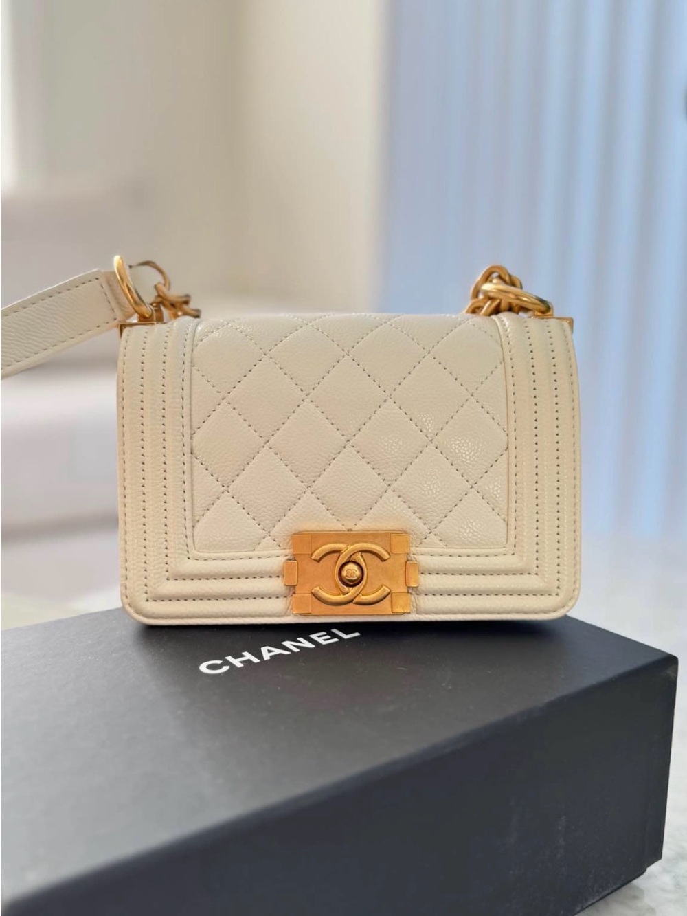 CHANEL Cream Quilted Boy Flap Crossbody with Gold Hardware